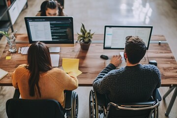 A wheelchair user and coworkers using digital collaboration tools in a high-tech office, symbolizing an accessible and inclusive workspace