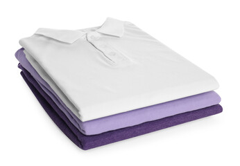 Stack of clean colorful t-shirts isolated on white
