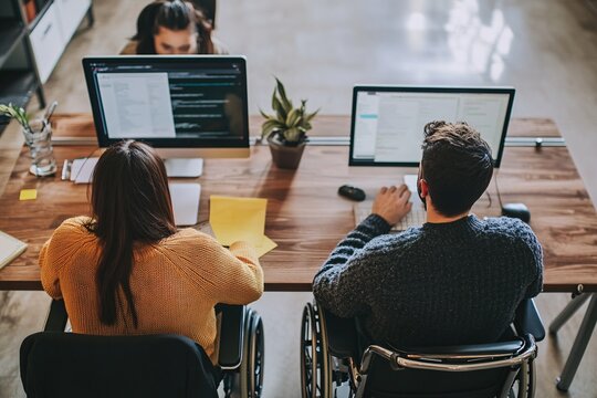 A wheelchair user and coworkers using digital collaboration tools in a high-tech office, symbolizing an accessible and inclusive workspace