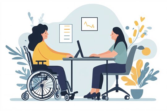 illustration of collaboration between woman and man in a wheelchair
