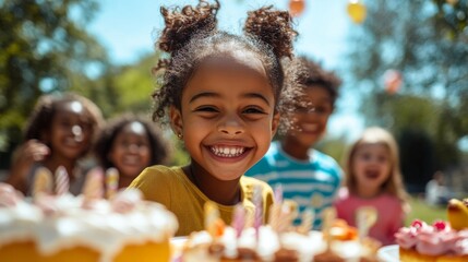 A vibrant multicultural family celebrating a birthday in a sunny park
