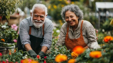 An elderly couple of different ethnicities gardening together
