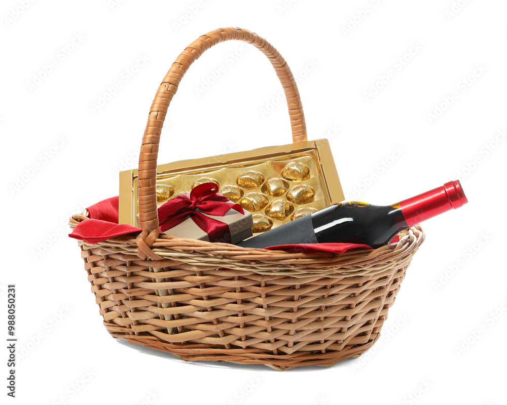 Sticker Wicker gift basket with wine isolated on white