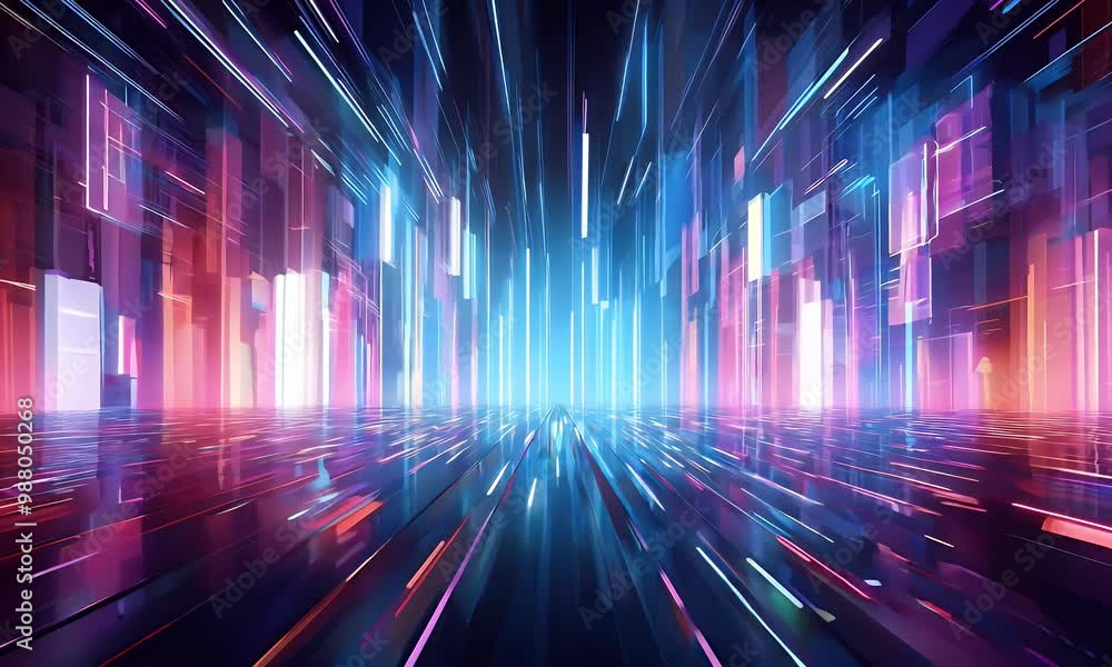 Poster dynamic video scenes filled with glowing shapes create a vibrant futuristic environment with depth a