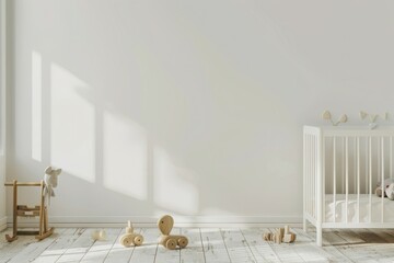 Minimalist nursery room interior with white crib, wooden floor, soft sunlight, and toys. Perfect for baby product mockups.