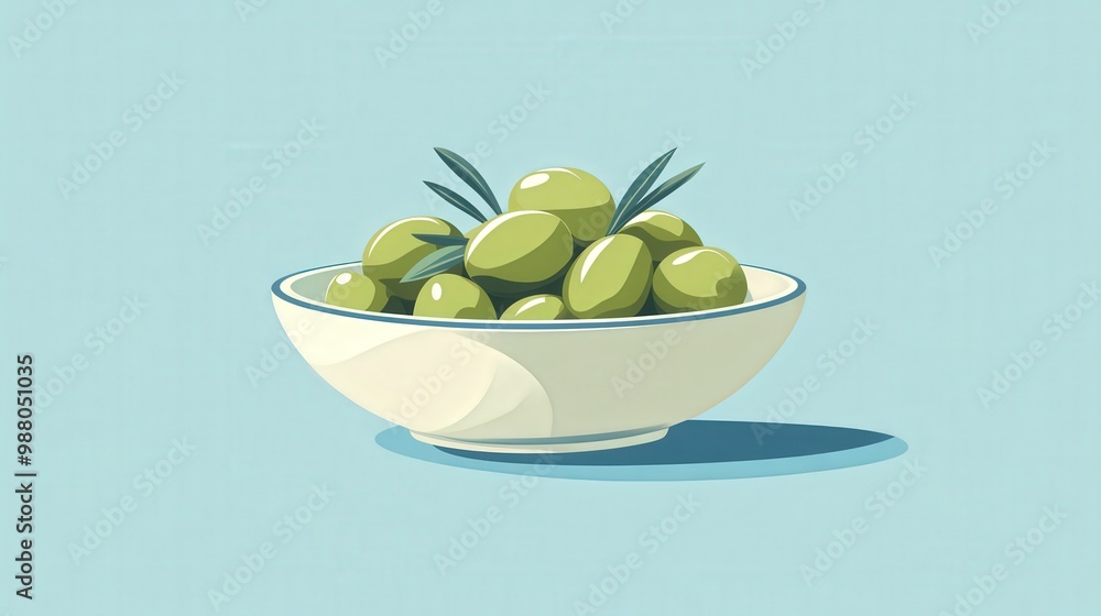 Poster minimalistic vector illustration of bowl filled with olives on soft pastel background - clean 2d des
