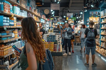 A woman is shopping in a store and looking at her phone