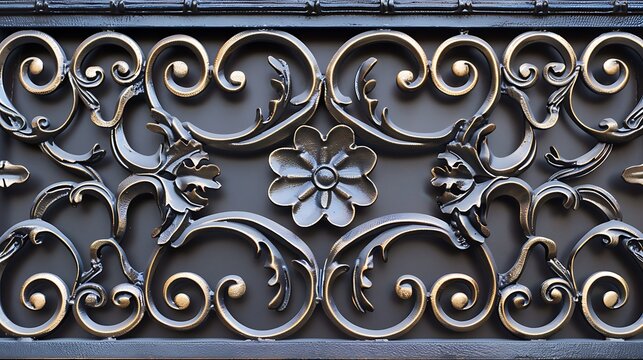 Detail of a black wrought iron fence on a street in Paris