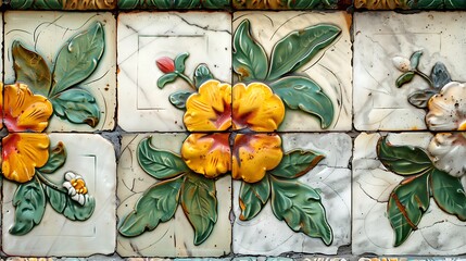 Detail of marble flowered tile with floral pattern