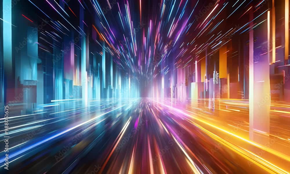 Poster glowing geometric shapes move through dynamic video scenes, creating an immersive futuristic world f