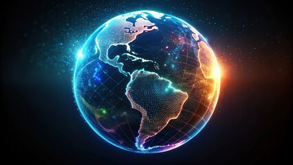 Fototapeta premium Holographic globe of America with particles on black background, hologram, world globe, America, map