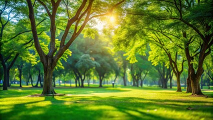 Blurred background of lush green park and trees during the day , nature, park, outdoors, trees, foliage, greenery