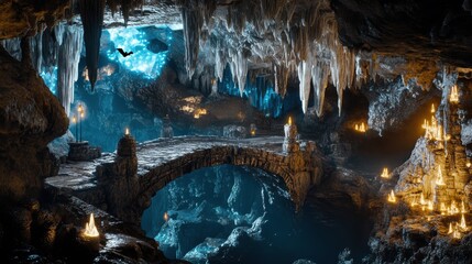 Fototapeta premium Grand Cavern with Stone Bridge, Chasm, and Glowing Crystals