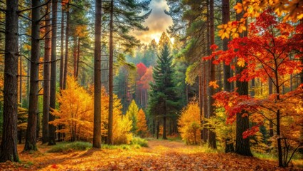 Obraz premium Autumn background in the forest with colorful leaves, pine trees, and a serene atmosphere , Autumn, background, forest