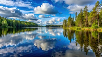 Obraz premium Tranquil lake in Karelia with cloudy blue sky, surrounded by a forest of trees and fir-trees, calm, serene, peaceful, Karelia, lake