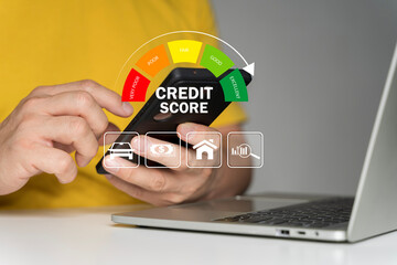 Credit score concept, Businessman using smartphone with credit score for checking rating for business and personal loan.