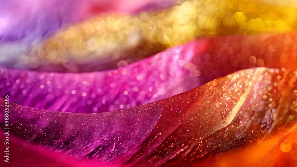 Poster close-up of abstract fabric in vibrant, glittering colors, creating a dazzling and dynamic visual ef