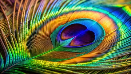 Naklejka premium Colorful natural peacock feather macro close-up, beauty, vibrant, iridescent, nature, bird, plumage, exotic, texture