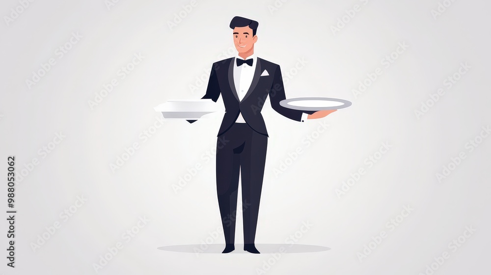Poster a simple 2d flat vector illustration of a butler carrying a silver tray, using basic shapes and mini