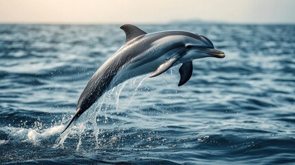 Obraz premium A dolphin gracefully leaps out of the water against a serene ocean backdrop.