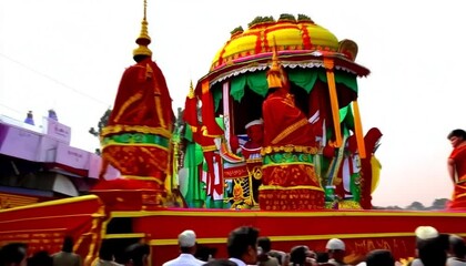 Vibrant festival parade featuring a colorful decorated chariot