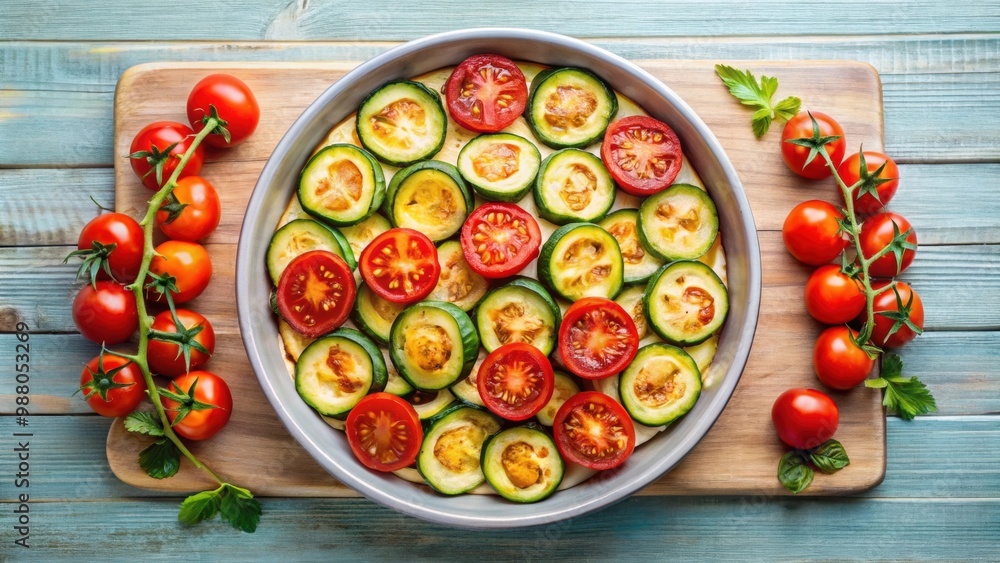 Wall mural prepared baked zucchini and tomatoes arranged in circles in a ceramic dish, vegetable snack, baked, 