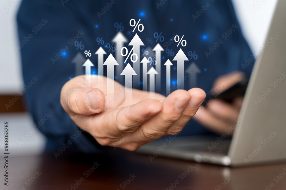 Poster businessman showing percentage icons and up arrow icons with graph indicators.