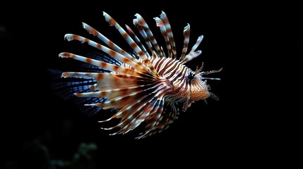 A vibrant lionfish swimming gracefully in dark waters, showcasing its striking fins and colors.