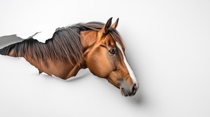 Fototapeta premium A horse's head emerging from a torn wall, creating a striking visual effect.