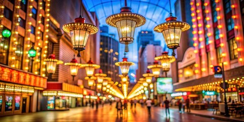 Obraz premium Defocused vintage electric lamps glowing at night on Freemont street, Las Vegas USA, retro, casino, decoration