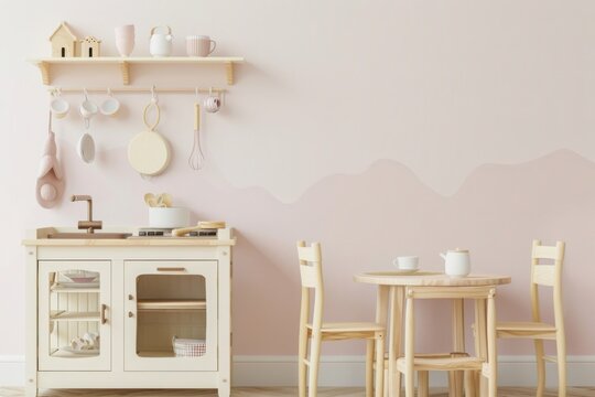 Charming and bright playroom for kids with a wooden play kitchen and a table and chairs set. Imagination, creativity and learning concepts.