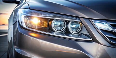Closeup view of a car's dual headlights with low and high beam options for adaptable driving conditions, automobile