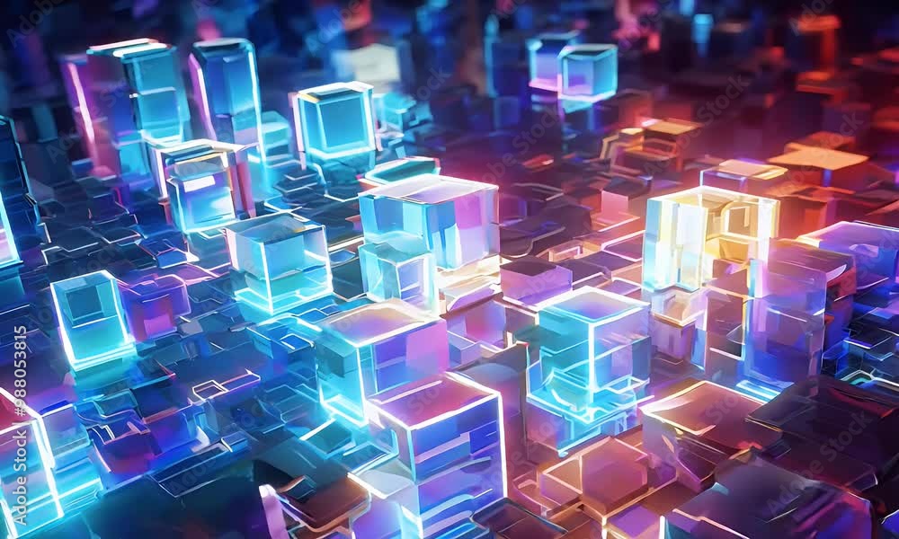 Aufkleber colorful glowing geometric shapes move through dynamic video scenes, creating an immersive futuristi