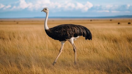 Naklejka premium An ostrich walking through a grassy landscape under a blue sky.