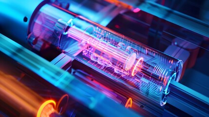Phosphor Coating Blueprint: Create an intricate blueprint showing the detailed inner workings of neon tubes with phosphor coatings. Highlight the various color emissions when excited by ultraviolet li