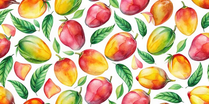 Watercolor mango pattern background with vibrant colors, mango, fruit, tropical, background, watercolor, pattern
