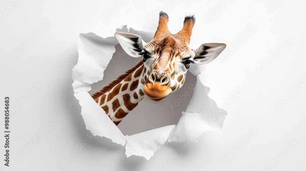 Poster a giraffe's head peeking through torn paper, creating a playful and engaging visual effect.