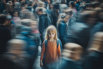 girl lost in nowhere in the crowd with motion blur effect, feeling sad concept of being fatherless and motherless in family
