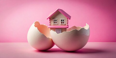 House in pink broken eggshell , house, pink, broken, eggshell,, art, concept, surreal, fantasy, dreamy, unique