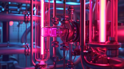 Phosphor Coating Blueprint: Create an intricate blueprint showing the detailed inner workings of neon tubes with phosphor coatings. Highlight the various color emissions when excited by ultraviolet li