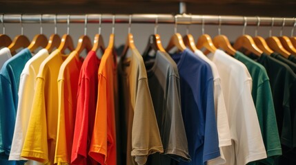 Fototapeta premium Colorful T-shirts hanging on a rack