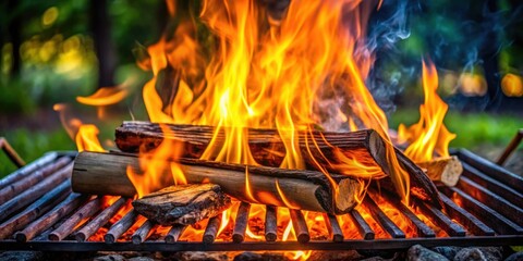 Firewood burning in a barbecue grill, firewood, barbecue, grill, flame, heat, smoke, cooking, outdoor, summer, backyard, charcoal