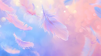 Illustration of light, airy feathers floating gently against a soft, blurred background in pastel hues. The feathers should seem weightless, creating a soothing and ethereal effect.
