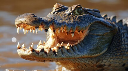 Obraz premium Close-up of a crocodile's head with open mouth, showcasing its sharp teeth and eyes.