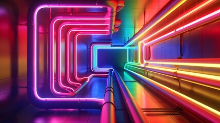 Obraz premium Phosphor Coating Blueprint: Create an intricate blueprint showing the detailed inner workings of neon tubes with phosphor coatings. Highlight the various color emissions when excited by ultraviolet li