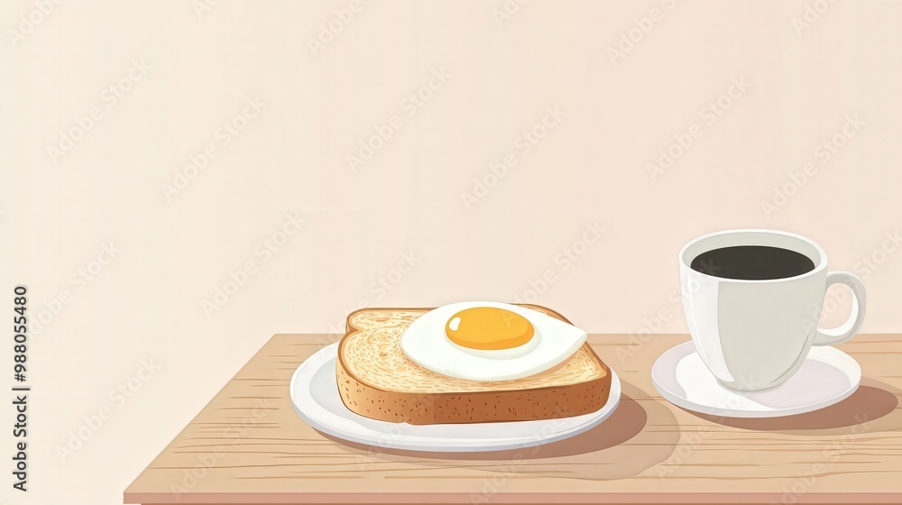 Poster simple and elegant breakfast vector with fried egg on toast and coffee cup on wooden table | minimal