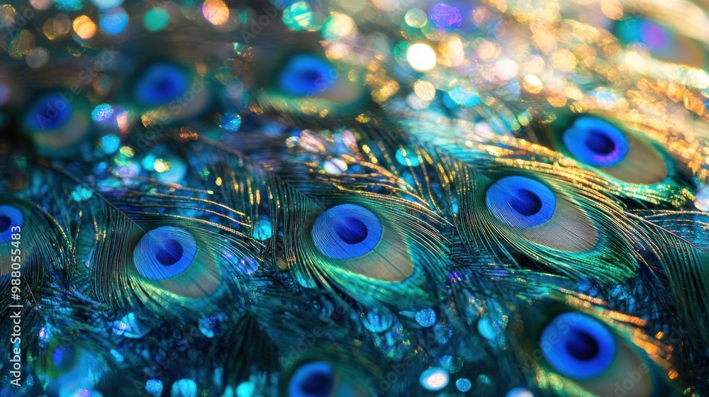 Poster close-up of a peacock feather showcasing vibrant colors and intricate patterns.