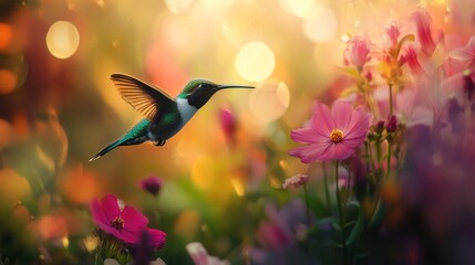 Naklejka premium A hummingbird hovers near vibrant flowers, creating a serene and enchanting atmosphere.