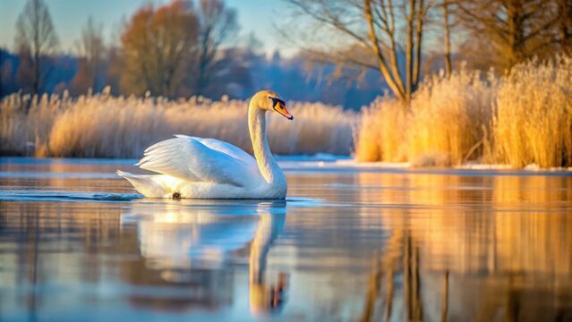 Mute swan gracefully swimming in icy waters of Kuhsee near Augsburg, swan, mute, bird, lake, water, winter, cold, ice, icy