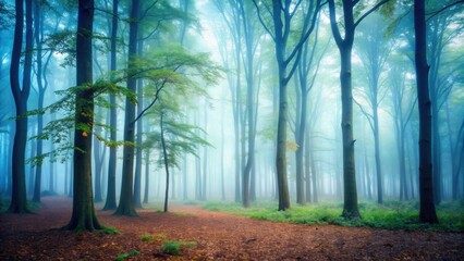 Naklejka premium Foggy trees on a misty morning in a forest, fog, trees, mist, nature, eerie, spooky, atmospheric, woods, blurred, hazy
